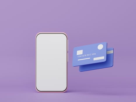 3d render Minimal mini mobile phone or smartphone with credit cards. Money concepts financial planning. Online shopping. Wealth management franchises. Cashless society scene. photo