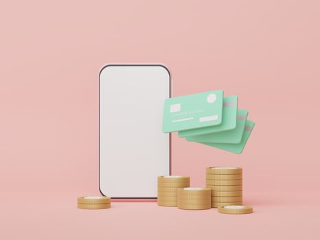 3d render Minimal mini mobile phone or smartphone with credit cards. Money concepts financial planning. Online shopping. Wealth management franchises. Cashless society scene. photo