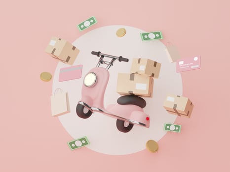 3d render of pastel Scooter delivery for mock up and creative design. Shopping online concept. Online delivery concept with pastel background. Packaging for express photo