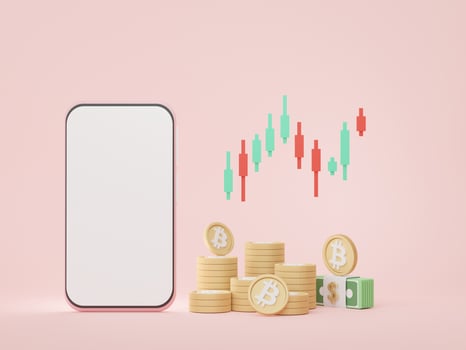3d render Minimal mini mobile phone or smartphone for work with white copy space and cryptocurrency bitcoin for mock up and web banner. Investment management and financial innovations. photo