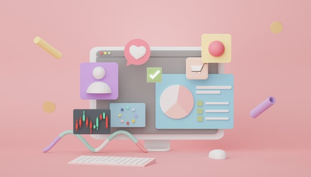 3d render SEO data an analytics. User interface for web banner and mock up. Business graph chart for future planning. Investment management and financial innovations. Marketing concept. photo