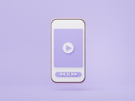 3d render minimal smartphone with audio player button bar on pastel background. Media music icon for control. Video music concept. Webpage for mock up and banner. photo