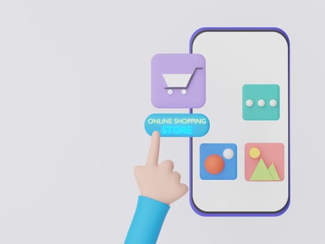3d render hand pointing at online shopping application from smartphone. Minimal digital store for shop product. Technology interface concept. photo