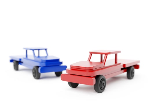 Pickup wooden  red and blue cars design on  white background. 3d illustration photo