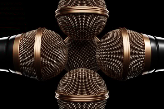 Microphones, round shape model on black background, realistic 3D mockup. music award, karaoke, radio and recording studio sound equipment photo