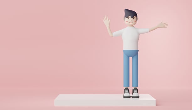 3d render character of men in white T-shirt, blue jeans and black sneakers. Minimal scene for mock up and web banner. Portrait of smart people who smiling photo