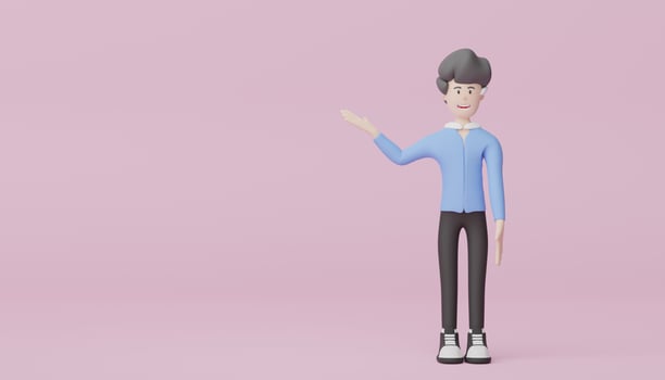 3d render character of men in white T-shirt, blue jeans and black sneakers. Minimal scene for mock up and web banner. Portrait of smart people who smiling photo