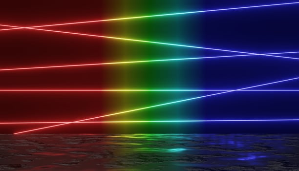 3d render of RGB neon light on darkness background. Abstract Laser lines show at night. Ultraviolet spectrum beam scene photo