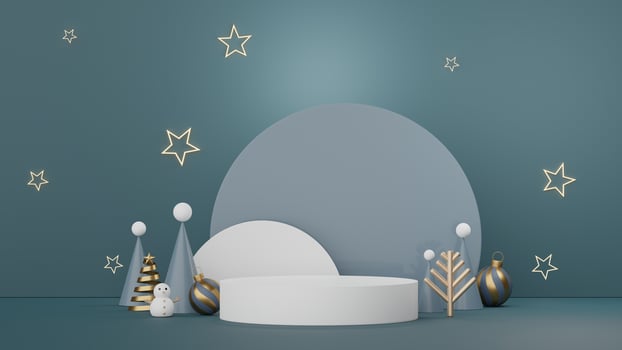 3d Display Podium for product and cosmetic presentation with Merry Christmas and Happy new year concept. Modern geometric. Platform for mock up and showing brand. Minimal clean design. photo