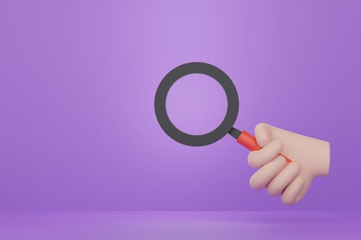 3D minimal cartoon style hand holding magnifying glass for searching object. Business idea concept. photo