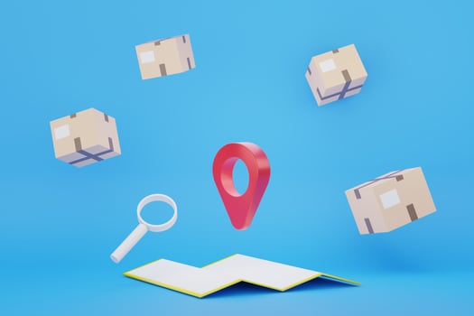 3d render of GPS locate mark icon and map surround with floating cardboard parcel box. Navigation concept. photo