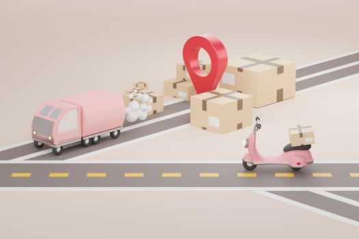 3d render of brown cardboard boxes parcel with truck, scooter and road. Shopping Online delivery concept. photo