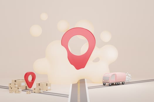3d render of GPS locate mark icon and map surround with cardboard parcel box and road. Navigation concept. photo