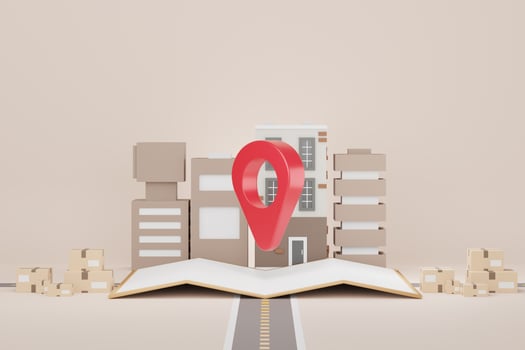 3d render of GPS locate mark icon and map surround with cardboard parcel box and road. Navigation concept. photo