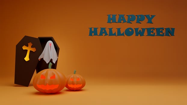 Happy halloween party poster banner  pumpkin ghost and Coffin ,ghost with mist. 3d rendering photo