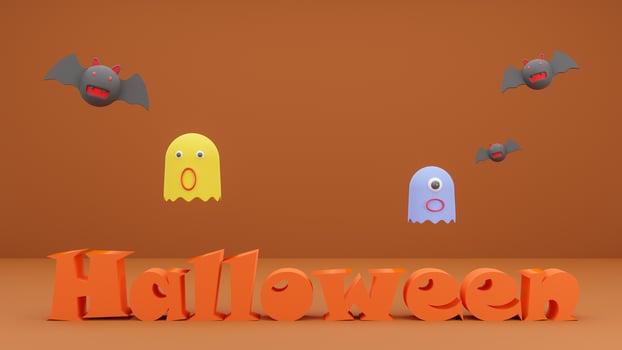 Happy Halloween, Concept halloween logo 3d with bat cartoon and ghost cartoon on orange background. 3d rendering photo