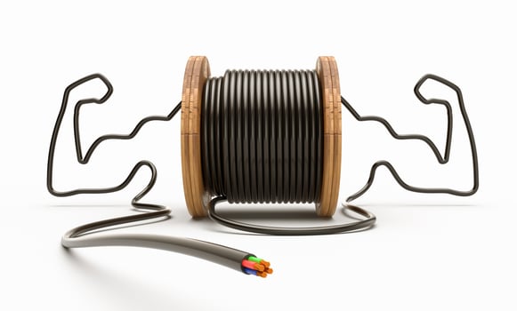 Wire electric cable strong arm bicep on wooden coil or spool isolated on safe electric powerful white background. 3d illustration photo
