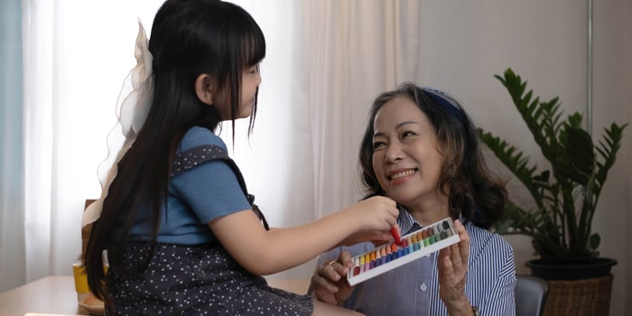 Asian portrait, grandchild granddaughter grandma grandmother and granddaughter happily join in activities to enhance skills for grandchildren photo