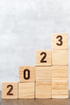2023 wood block with business goal,  success, strategy, target, mission, action, growth, teamwork, plan, idea and New Year start concept photo