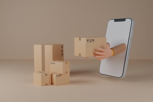 Deliveryman hands the parcel box on Smartphone with blank display.Concept for fast delivery service.delivery and shopping online concept.3D rendering illustration photo