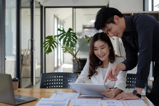 Business team meeting to conference, collaboration discussing working analyzing with financial data and marketing business strategy project, presentation and brainstorming to making profit of company photo