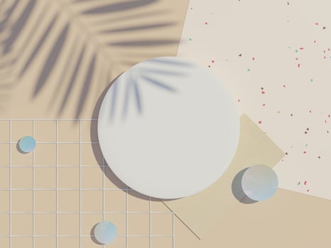 3d render top view of white blank cylinder frame for mock up and display products with shadows of palm leaves, earth tone, and terrazzo wall background. Creative idea concept. photo