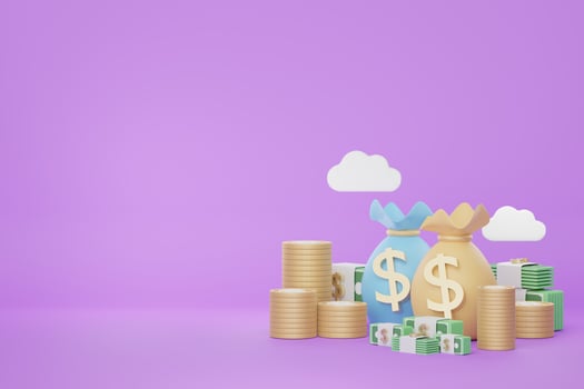 3d render of minimal money bag or coins purse that keeping coins and gold on purple background. photo