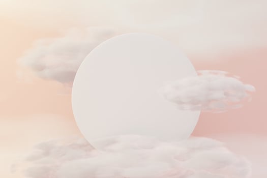 3d render top view of white blank cylinder frame for mock up and display products with dreamy land and clouds background. Creative idea concept. photo