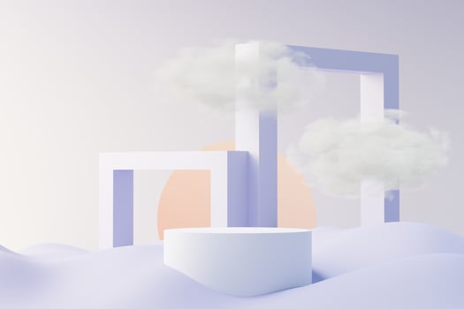 3d render of Beauty podium with Very Peri color of the year 2022 design for product presentation and advertising. Minimal pastel sky and Dreamy land scene. Romance concept. photo