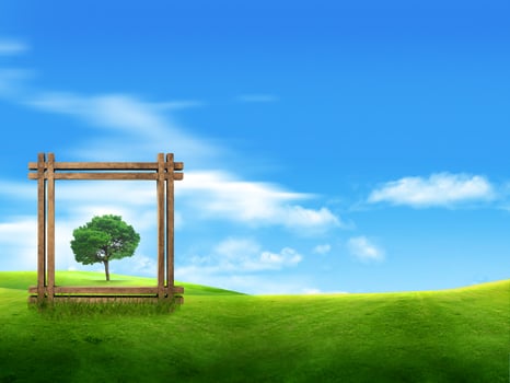 Wooden frame with a tree on the lawn photo