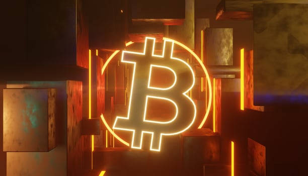 3d render of cryptocurrency Bitcoin with technology network neon laser light. Cryptocurrency digital currency concept. New virtual money exchange in blockchain. photo