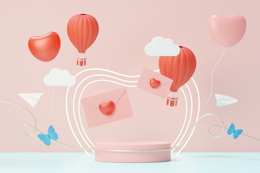 3d render minimal sweet scene with display podium for mock up and product brand presentation. Pink Pedestal stand for Valentine's Day's theme. Cute lovely heart background. Love day's design style. photo