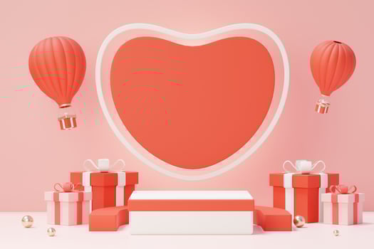 3d render minimal sweet scene with display podium for mock up and product brand presentation. Pink Pedestal stand for Valentine's Day's theme. Cute lovely heart background. Love day's design style. photo