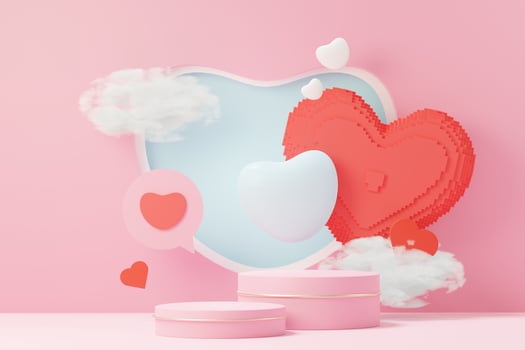 3d render minimal sweet scene with display podium for mock up and product brand presentation. Pink Pedestal stand for Valentine's Day's theme. Cute lovely heart background. Love day's design style. photo