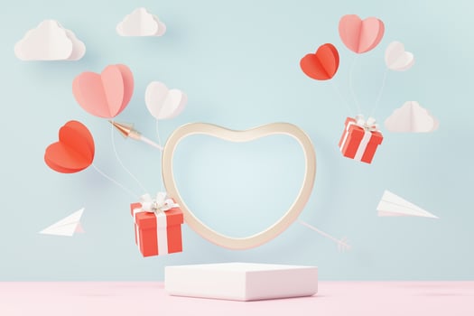 3d render minimal sweet scene with display podium for mock up and product brand presentation. Pink Pedestal stand for Valentine's Day's theme. Cute lovely heart background. Love day's design style. photo