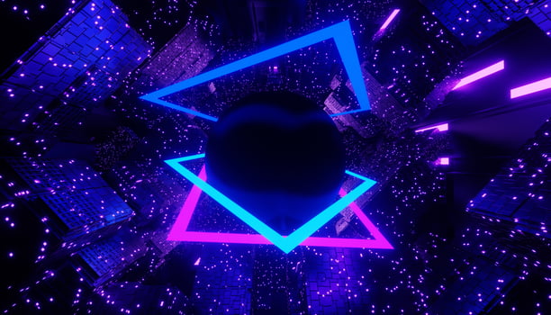 3d render of neon and light glowing on dark scene. Cyber punk night city concept. Night life. Technology network for 5g. Beyond generation and futuristic scene. Sci- fi pattern theme. photo