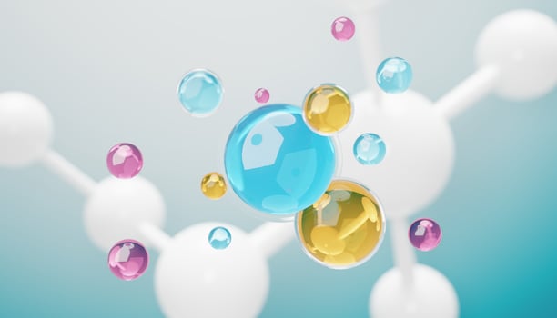 3d render of simple chemical bond in side cell or molecules. The associated of atoms, ions, bond and molecules. Liquid drop bubble background. Covalent bond. Biochemical interaction. photo
