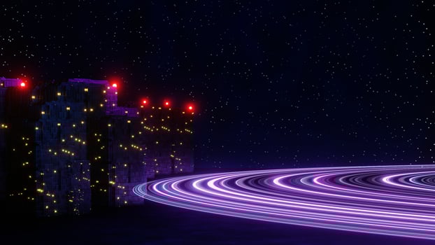 3d render of neon and light glowing on dark scene. Cyber punk night city concept. Night life. Technology network for 5g. Beyond generation and futuristic scene. Sci- fi pattern theme. photo