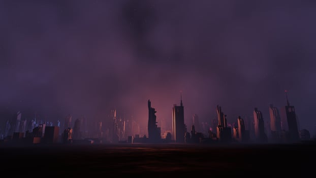 3d render of Cyber punk night city landscape concept. Light glowing on dark scene.  Night life. Technology network for 5g. Beyond generation and futuristic of Sci-Fi Capital city and building scene. photo