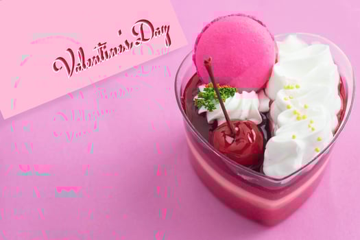 Colorful strawberry cake and macaron on colorful bright background and lovely card - love with cake and ecard concept photo