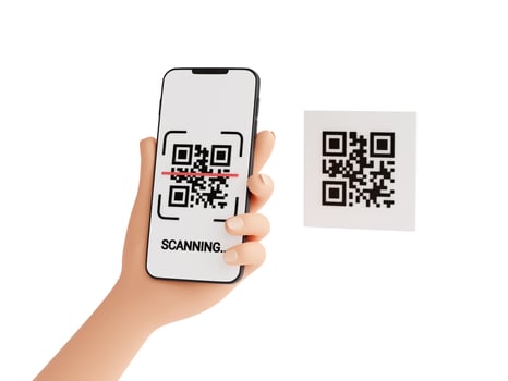 Qr code scan concept - human hand holding mobile phone with barcode scanning process 3d render illustration. photo