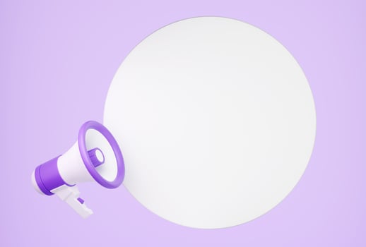 Loudspeaker 3d render - purple megaphone banner with empty space for text for announcement photo