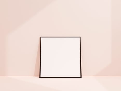 Clean and minimalist front view square black photo or poster frame mockup leaning against white wall. 3d rendering.