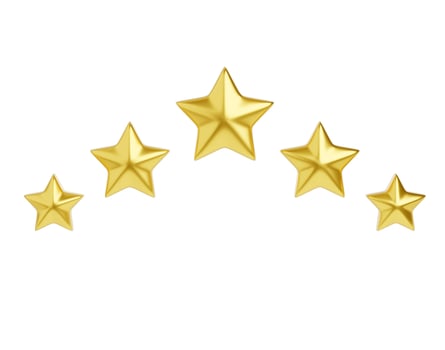 Five golden stars 3d render illustration for customer review concept. Positive client experience concept. photo