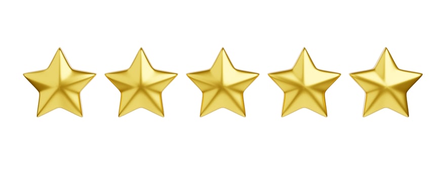 Five golden stars 3d render illustration for customer review concept. photo