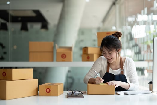 Starting Small business entrepreneur freelance, Portrait young asian woman working at home office with computer, online, marketing, packaging, delivery, SME, e-commerce concept photo