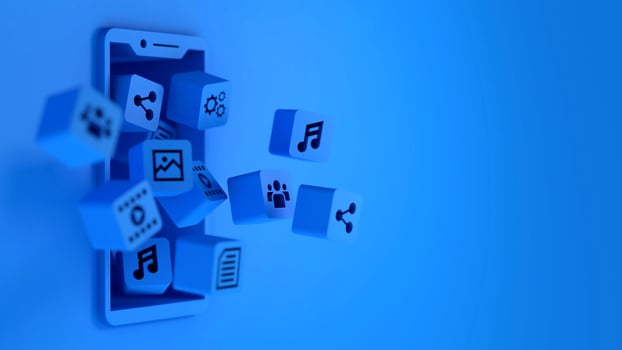 Many blue media application rectangle shape float out from smartphone screen photo
