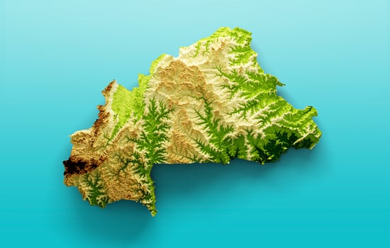 Burkina Faso Map Shaded relief Color Height map on the sea Blue Background 3d illustration photo