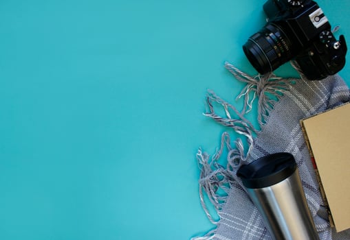 Top view mockup of Traveler's accessories. background with copy space, travel concept. selective focus photo