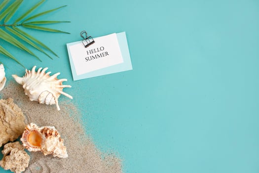 Summer composition. tropical palm leaves, seashells on blue background. Summer concept. Flat lay, top view, copy space photo